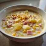 A close-up of a hearty bowl of ham potato corn chowder, featuring chunks of potato, ham, and corn in a creamy base.
