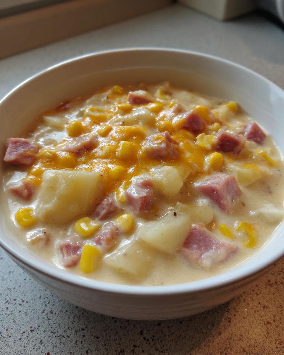 A close-up of a hearty bowl of ham potato corn chowder topped with melted cheddar cheese.
