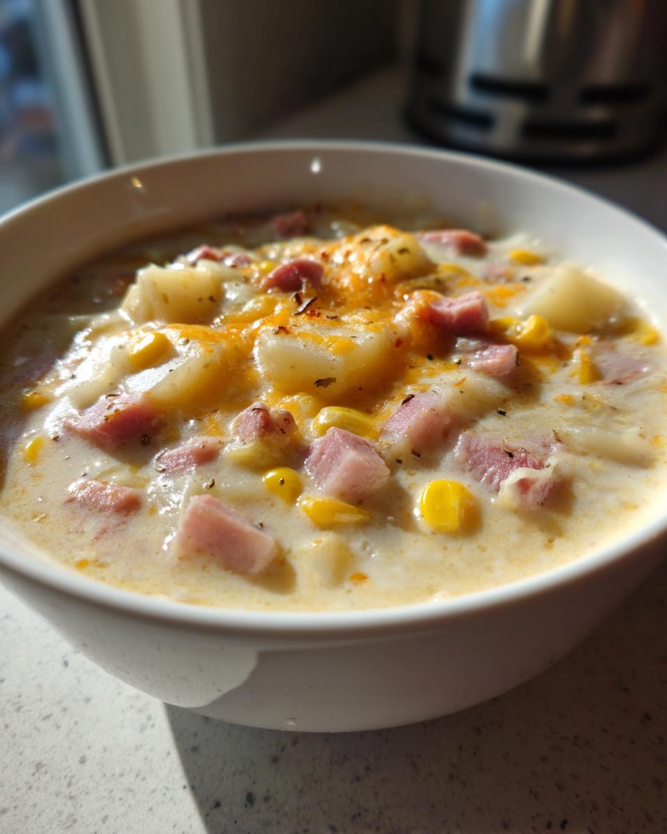 Close-up of a creamy ham potato corn chowder topped with melted cheddar cheese and herbs in a white bowl.