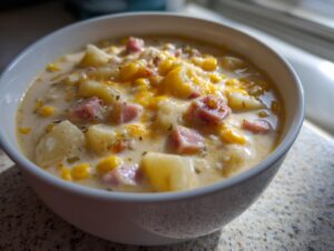 Close-up of a creamy bowl of ham potato corn chowder topped with melted cheese and herbs.