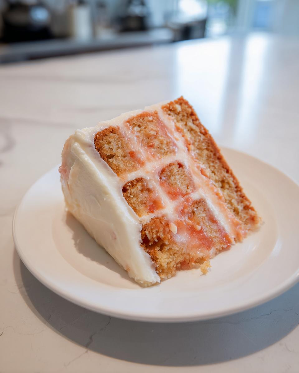 A generous slice of moist Hawaiian guava cake layered with pink filling and covered in white cream cheese frosting.