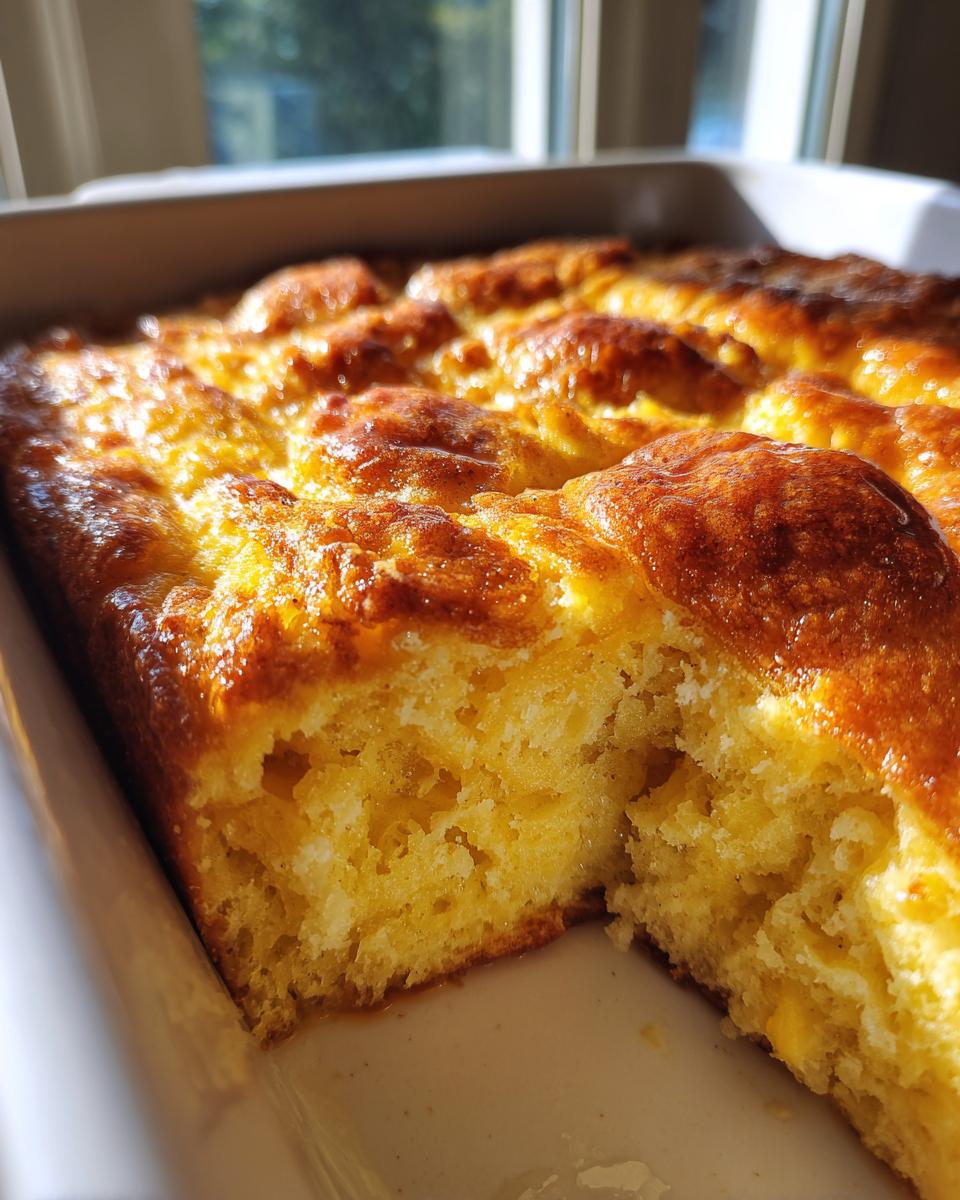 Close-up of a golden brown Hawaiian roll french toast bake with a piece removed, showing the moist interior.