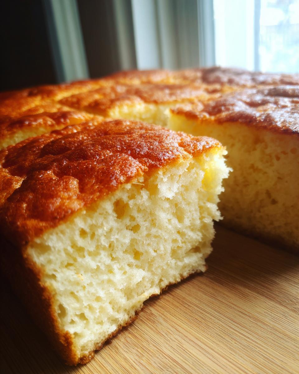 Close-up of a golden-brown slice of Hawaiian roll french toast bake showing the fluffy interior texture.