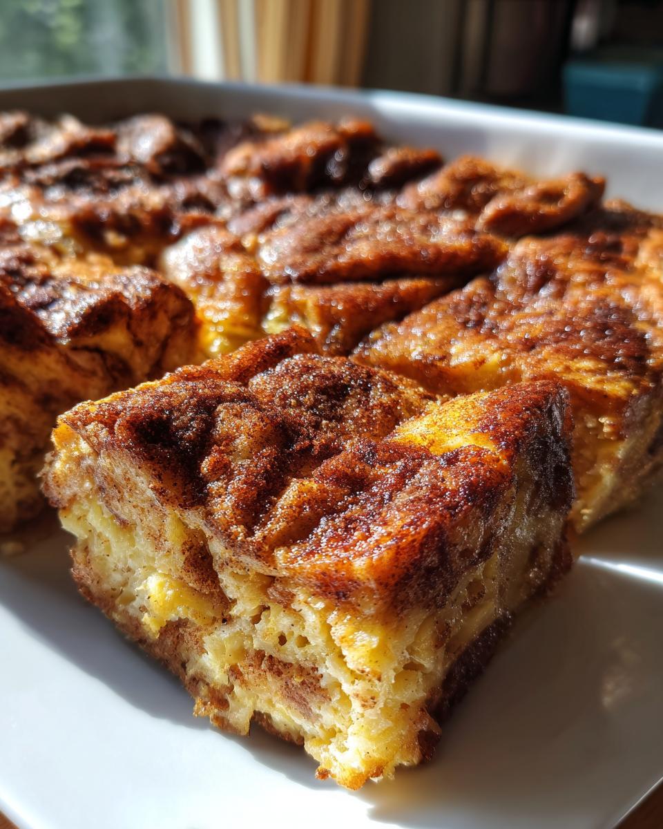 A close-up of a square serving of baked Hawaiian roll french toast, topped with cinnamon sugar.