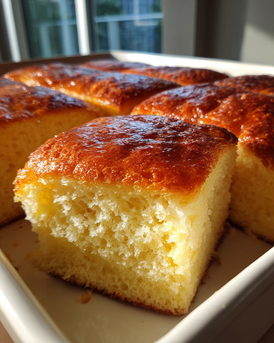 A close-up of a square slice of golden-brown Hawaiian roll french toast bake showing a fluffy interior and shiny glaze.