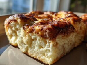 Close-up showing the fluffy interior and caramelized top of a baked hawaiian roll french toast portion.