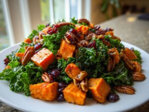 Close-up of a vibrant healthy fall salad featuring bright green kale, roasted orange sweet potato cubes, pecans, and dried cranberries.