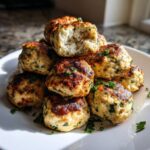 A stack of golden brown healthy greek chicken meatballs garnished with fresh parsley on a white plate.