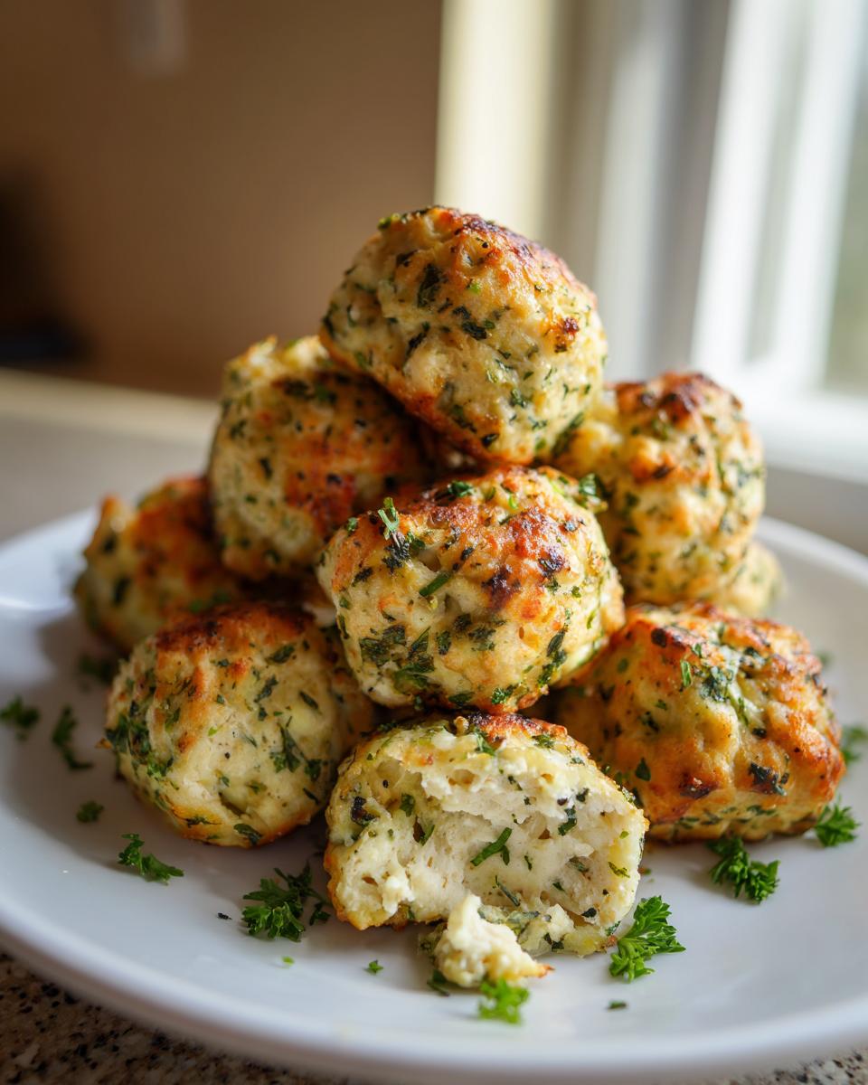 A stack of golden-brown healthy greek chicken meatballs, garnished with fresh parsley, with one meatball broken open.