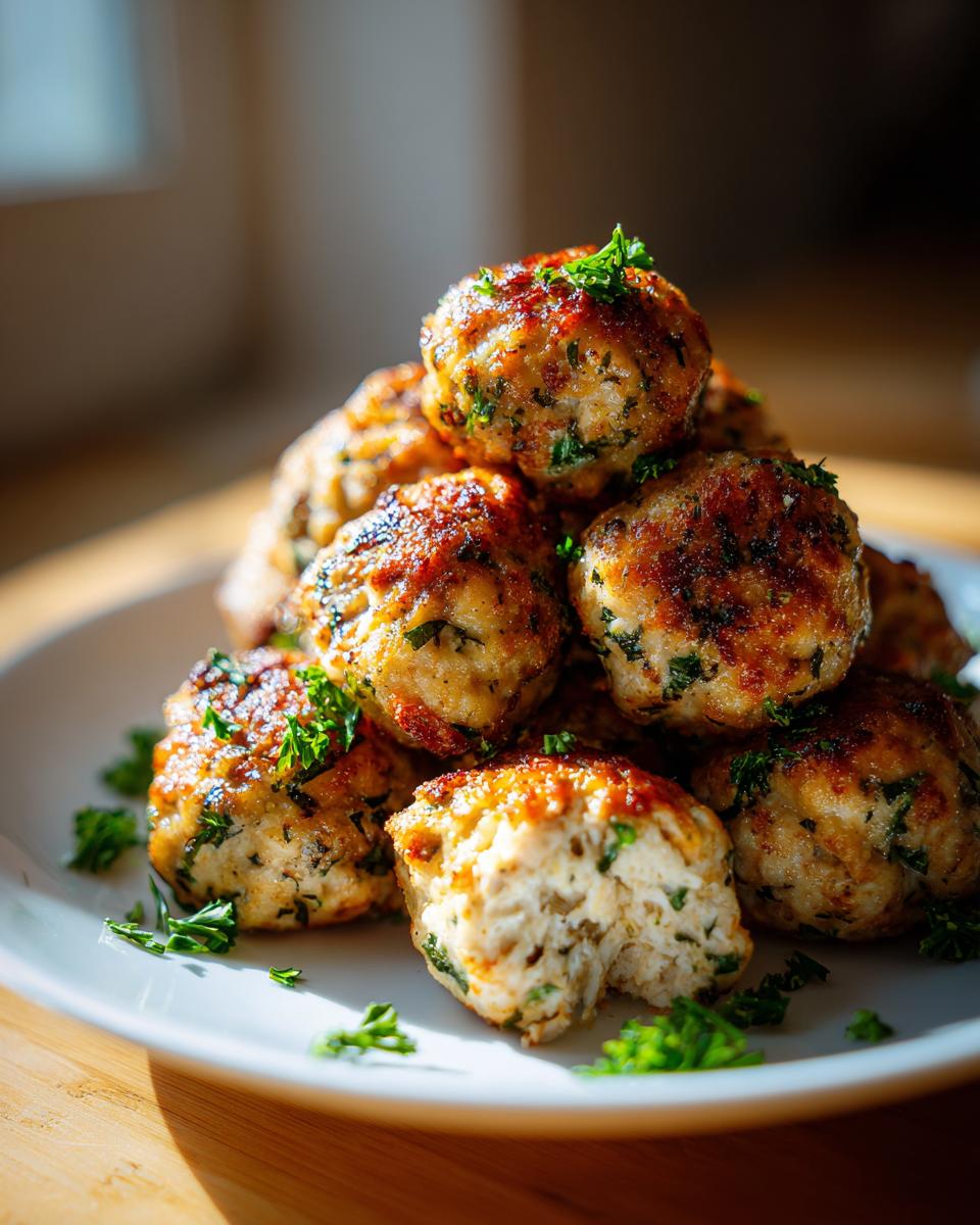 A stack of perfectly browned healthy greek chicken meatballs garnished with fresh parsley, one showing the interior texture.