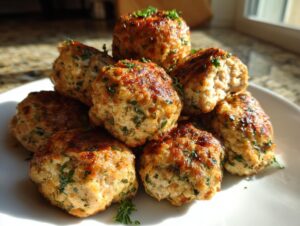 A close-up stack of golden-brown healthy greek chicken meatballs seasoned with visible green herbs on a white plate.
