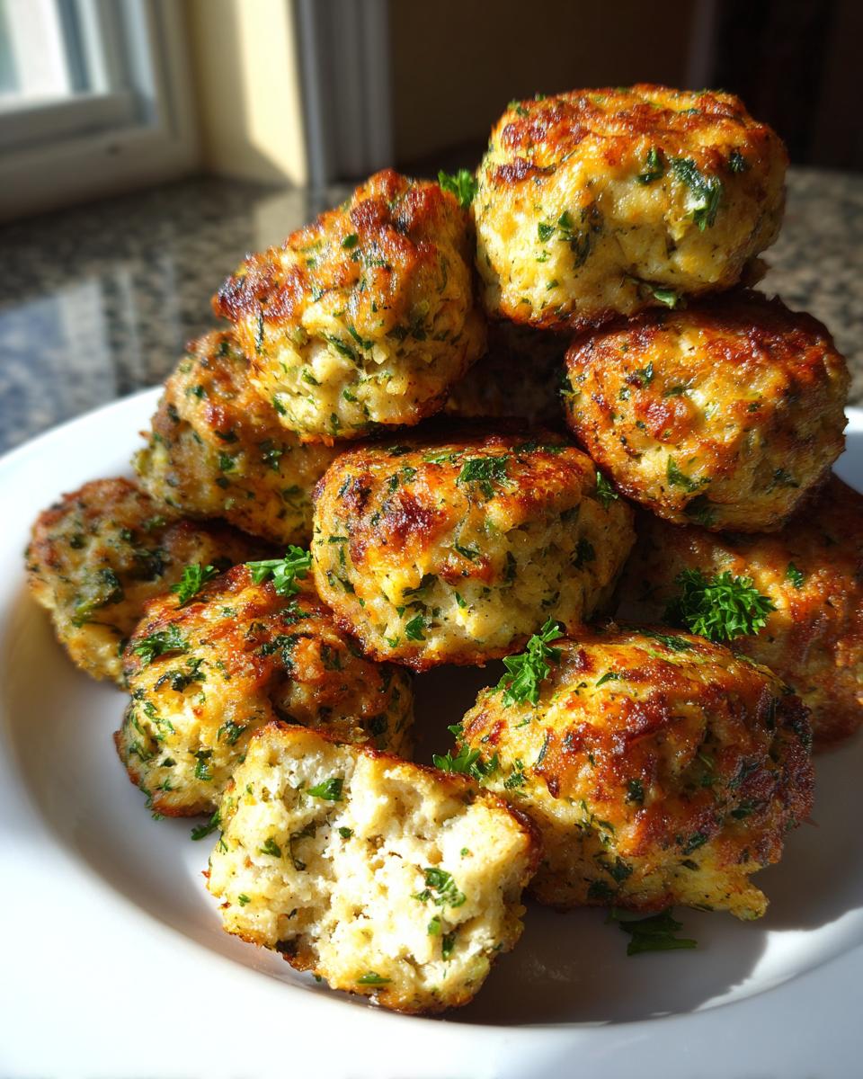 A stack of golden brown, pan-seared healthy greek chicken meatballs garnished with fresh parsley.