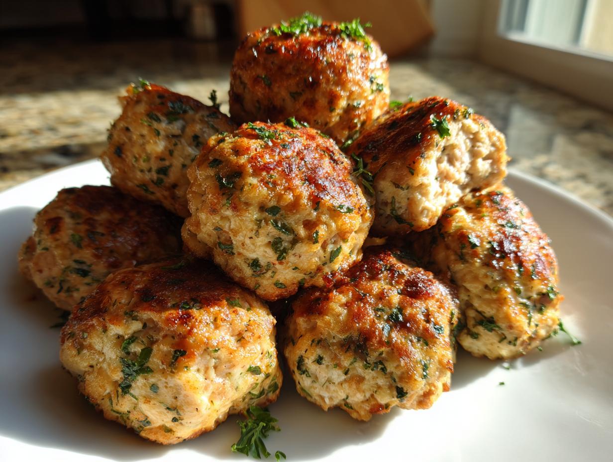 A close-up stack of golden-brown healthy greek chicken meatballs seasoned with visible green herbs on a white plate.
