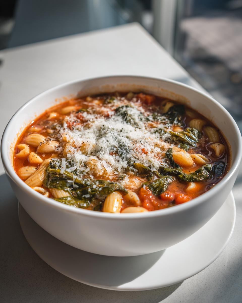 Close-up of a white bowl filled with rich minestrone soup, featuring pasta, greens, and topped generously with grated Parmesan cheese.