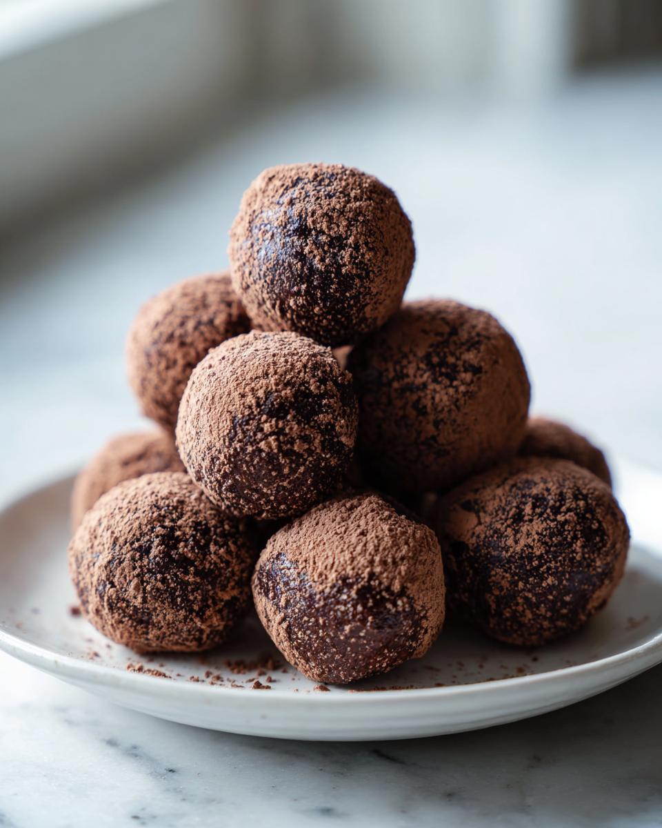 A stack of rich, dark high protein coffee truffles generously dusted with cocoa powder, resting on a white plate.