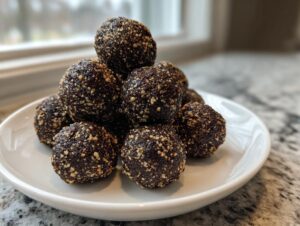 A stack of dark, seed-coated high protein coffee truffles piled high on a small white plate.