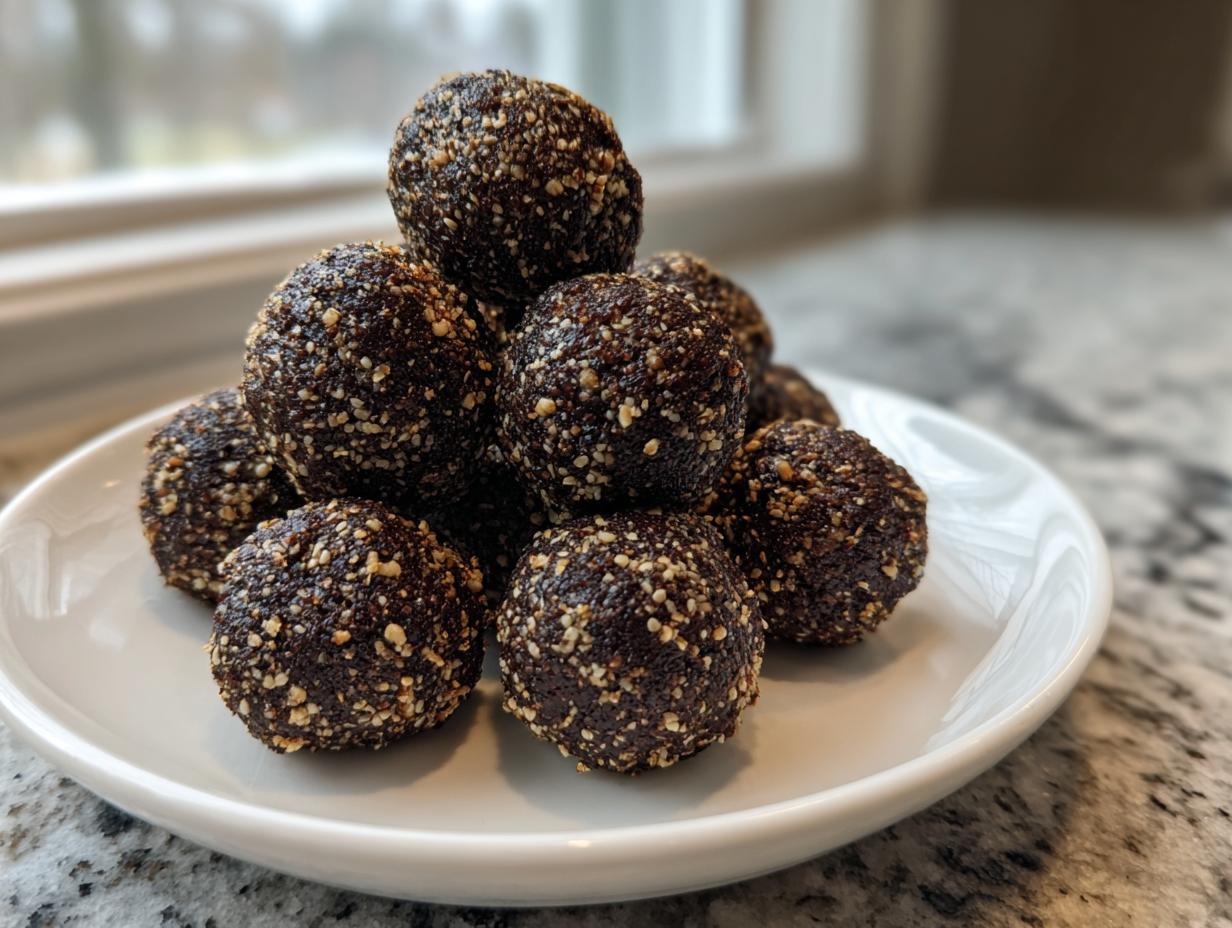 A stack of dark, seed-coated high protein coffee truffles piled high on a small white plate.