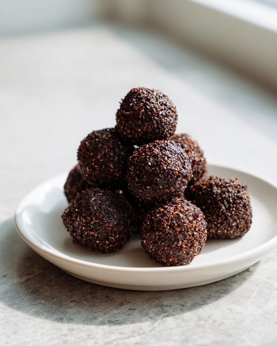 A small stack of dark, textured high protein coffee truffles piled on a white saucer.