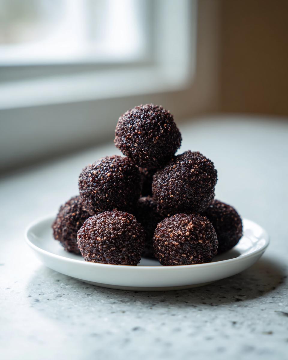 A stack of dark, textured high protein coffee truffles piled on a small white saucer.