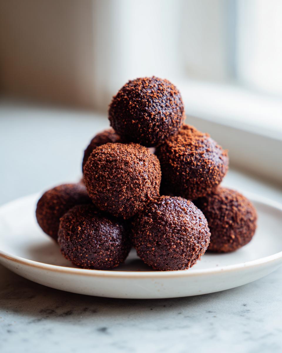 A stack of rich, dark brown high protein coffee truffles dusted heavily with cocoa powder, served on a light plate.