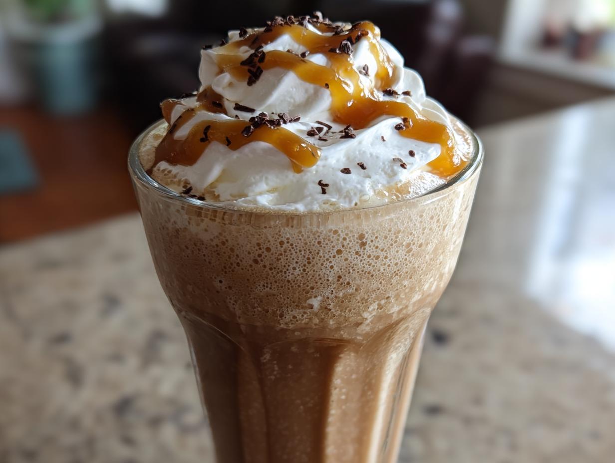 Close-up of a tall glass filled with a blended homemade caramel frappe, topped with whipped cream, caramel drizzle, and chocolate shavings.
