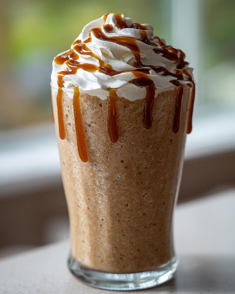 A tall glass filled with a thick, blended homemade caramel frappe, topped with whipped cream and drizzled with caramel sauce.