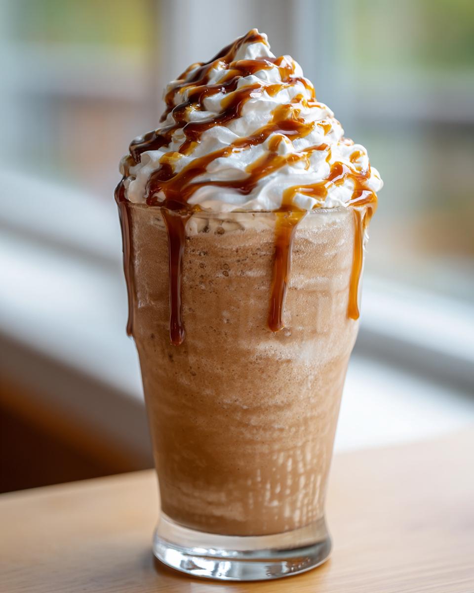 A tall glass of homemade caramel frappe topped with a swirl of whipped cream and drizzled with caramel sauce.