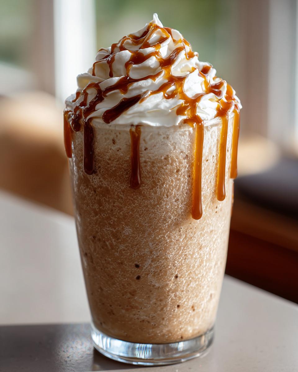 A tall glass filled with a blended homemade caramel frappe, topped with whipped cream and drizzled caramel sauce.
