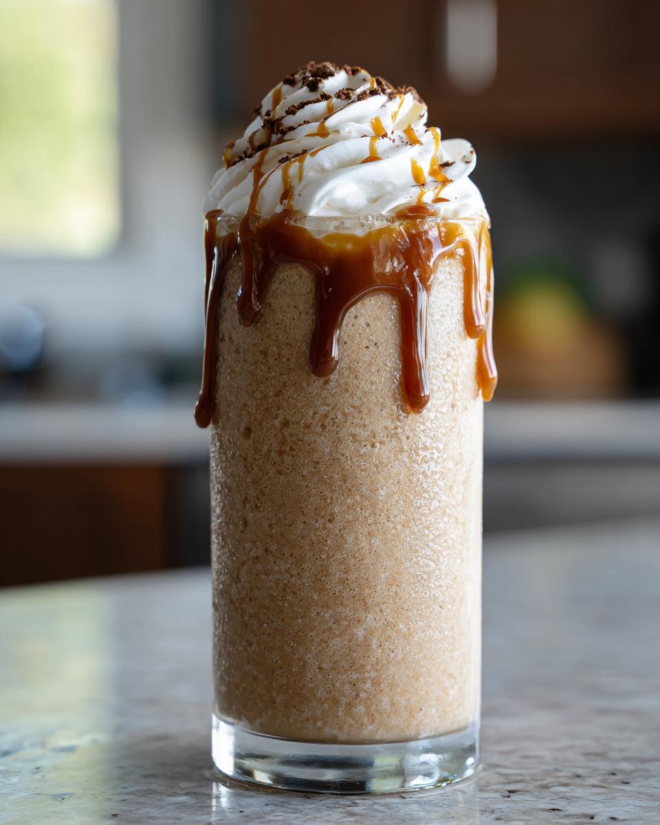 A tall glass filled with a blended homemade caramel frappe, topped with whipped cream and drizzled caramel sauce.