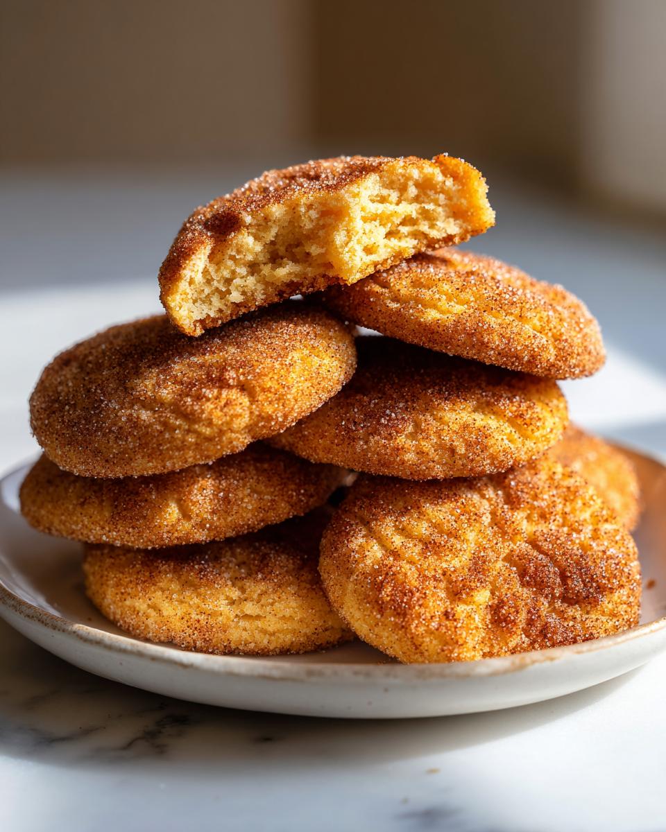 A stack of soft homemade churro cookies coated in cinnamon sugar, with one cookie broken open showing the interior.
