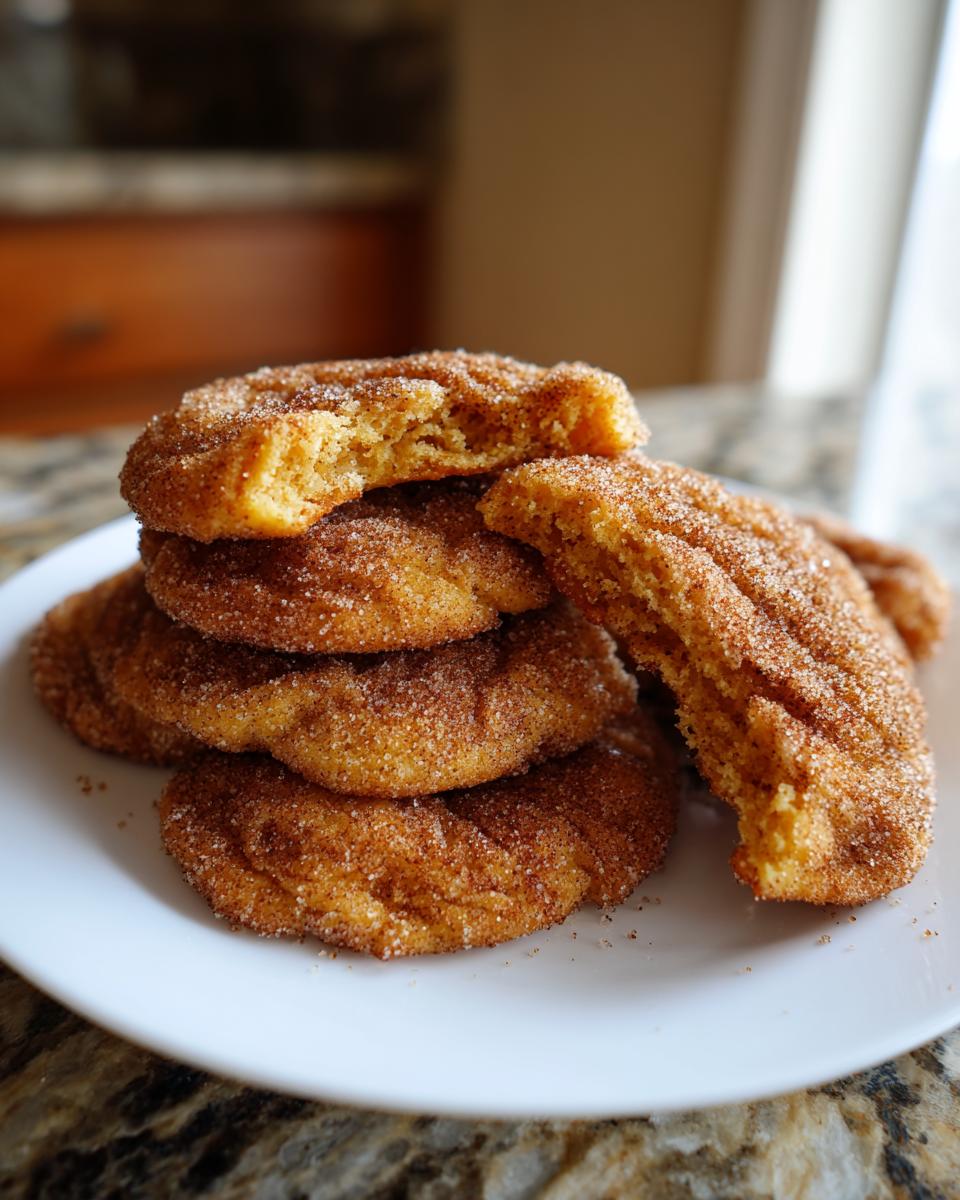 A stack of soft homemade churro cookies generously coated in cinnamon sugar, with one cookie broken open.
