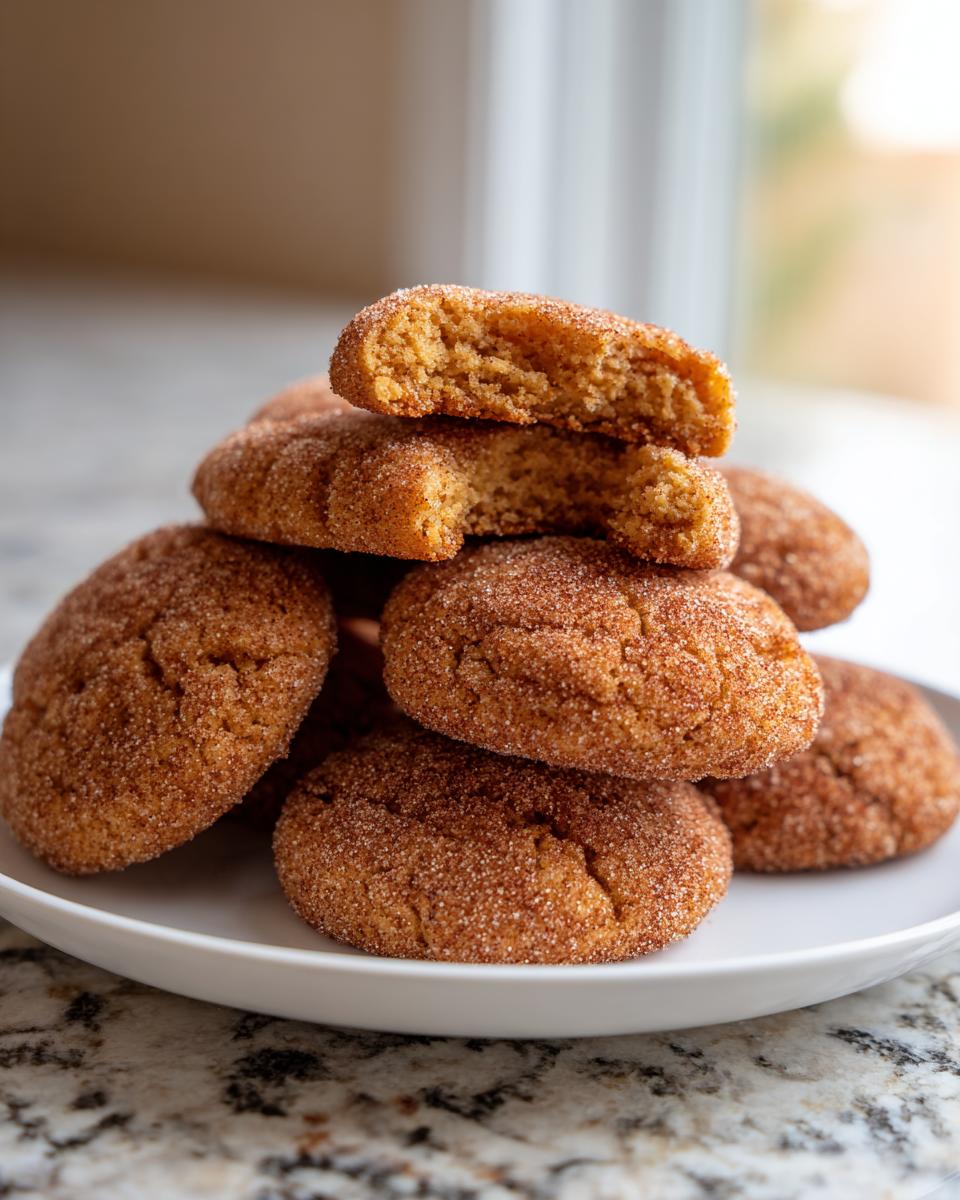 A stack of soft, cinnamon-sugar coated homemade churro cookies on a white plate, one broken open to show the texture.