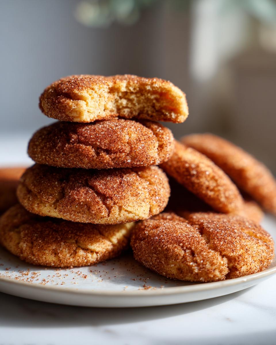 A stack of soft, cinnamon-sugar coated homemade churro cookies, with the top cookie having a bite taken out.