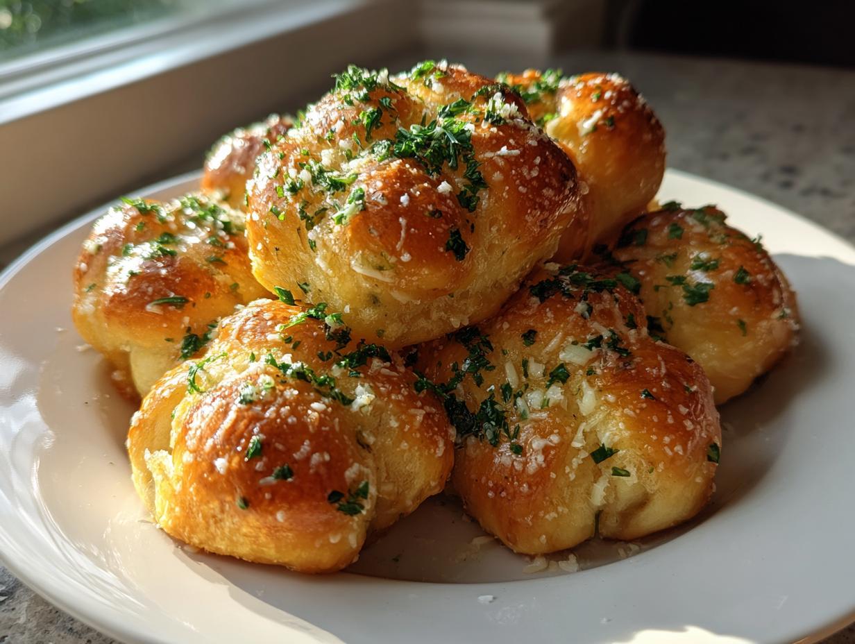 A plate piled high with golden brown homemade garlic knots, glistening with butter and topped with grated cheese and fresh parsley.