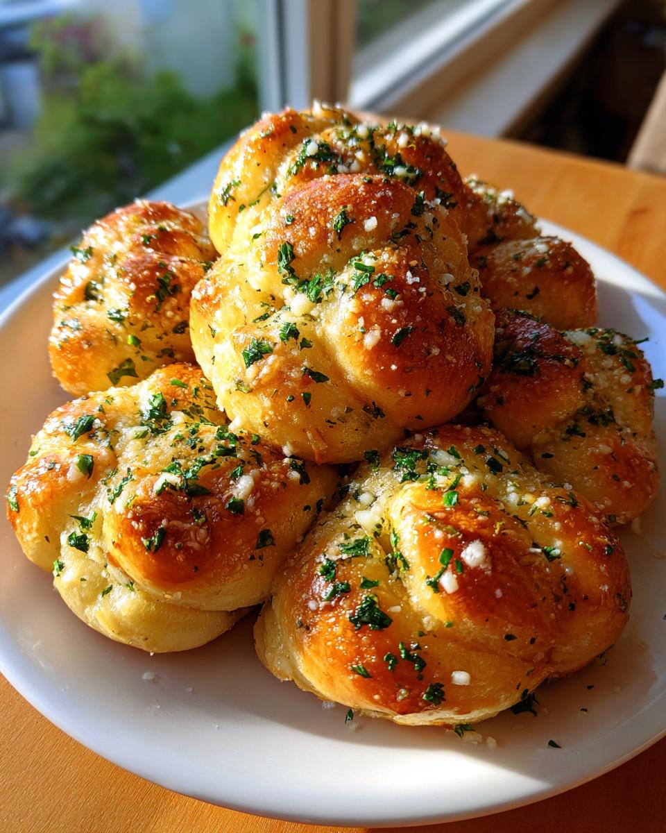 A plate piled high with freshly baked homemade garlic knots, glistening with butter, garlic, and parsley.