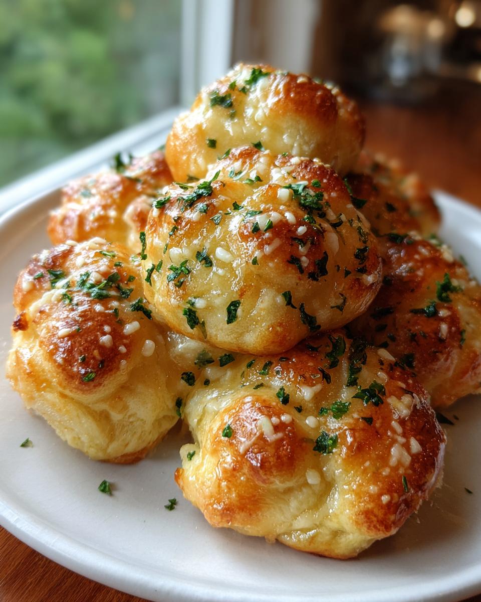 A stack of freshly baked, glistening homemade garlic knots topped with melted butter, minced garlic, and fresh parsley.
