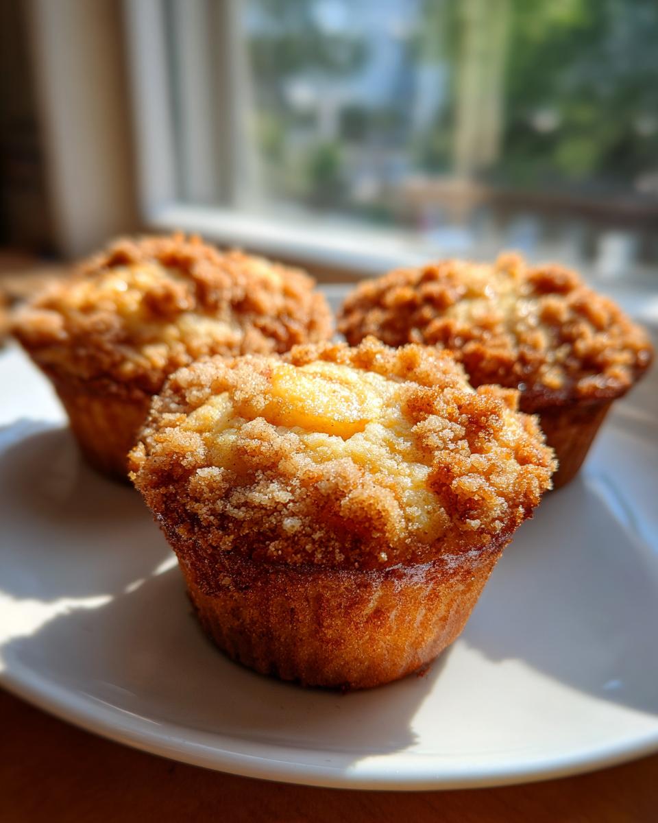 Three golden homemade peach cobbler muffins topped with a thick, sugary crumble, sitting on a white plate.