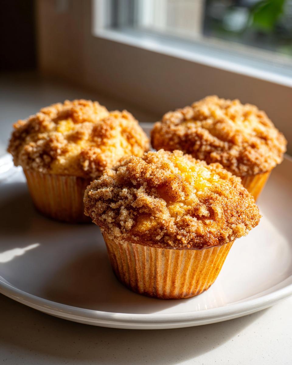 Three freshly baked homemade peach cobbler muffins topped with a thick, golden streusel, sitting on a white plate.