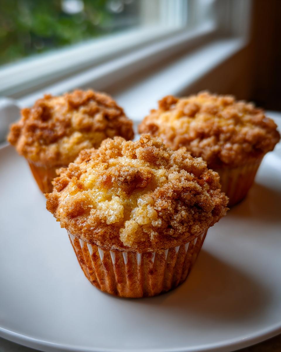 Three freshly baked homemade peach cobbler muffins topped with a thick, sugary streusel, sitting on a white plate.