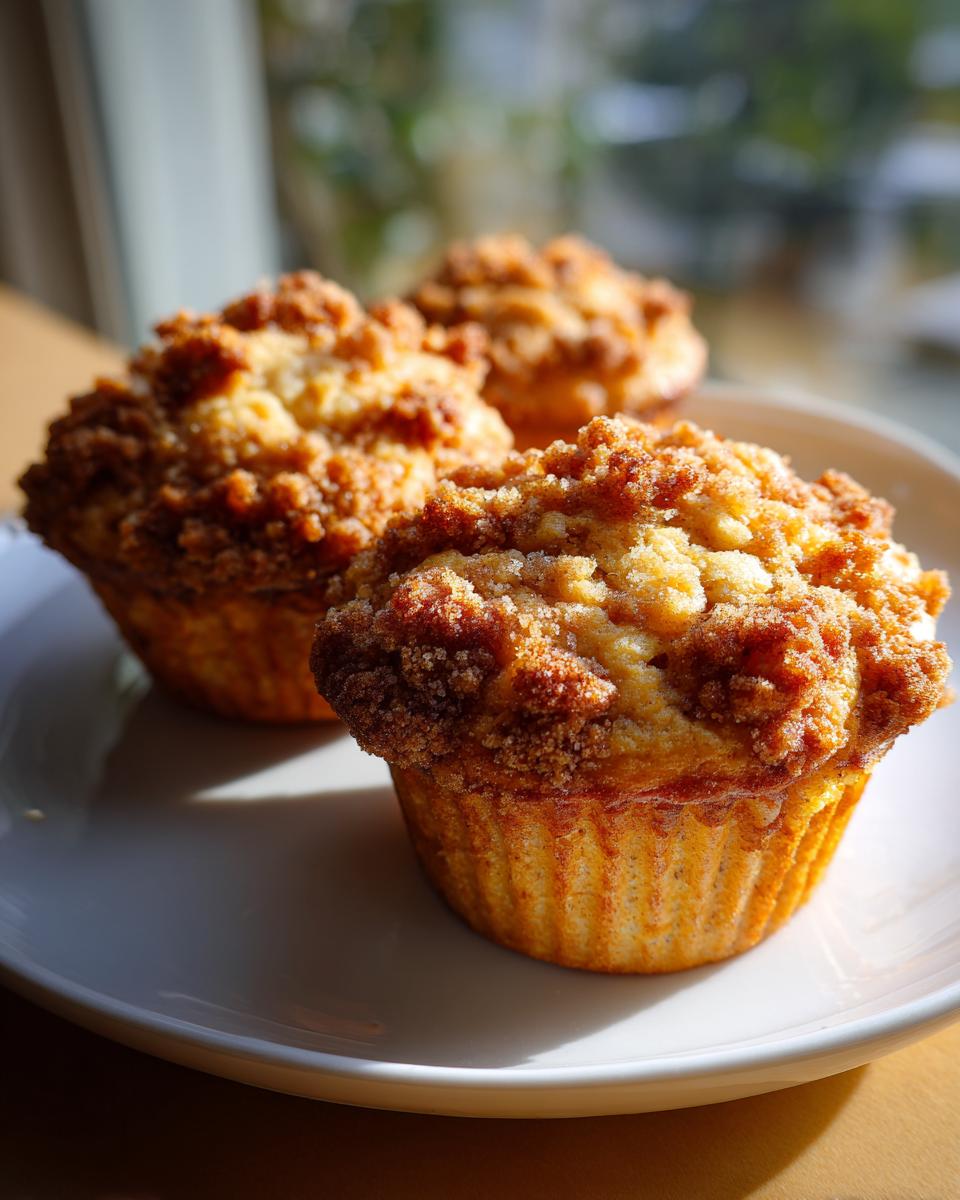 Three golden homemade peach cobbler muffins topped with a thick, sugary streusel topping, sitting on a white plate.
