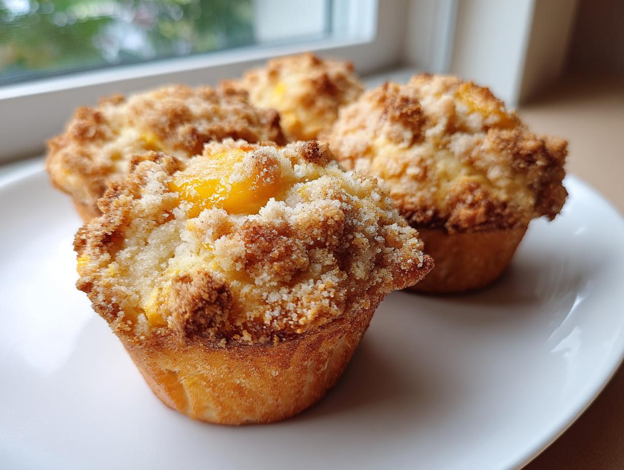 Three golden homemade peach cobbler muffins topped with a thick, crumbly streusel, sitting on a white plate.
