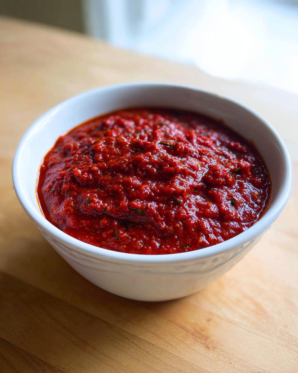 Close-up of a white bowl filled with thick, richly textured homemade Rao's marinara sauce on a wooden surface.