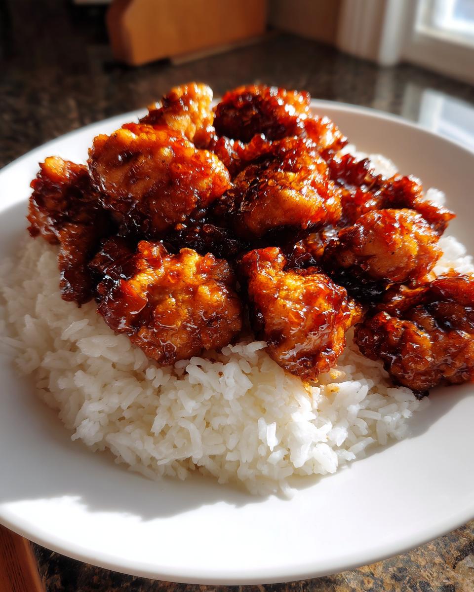 Close-up of crispy, glazed chicken pieces served over fluffy white rice, showcasing the honey bbq chicken rice dish.
