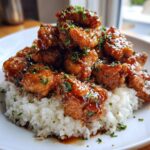 A mound of sticky, glazed honey bbq chicken rice served on a white plate, garnished with chopped green herbs.