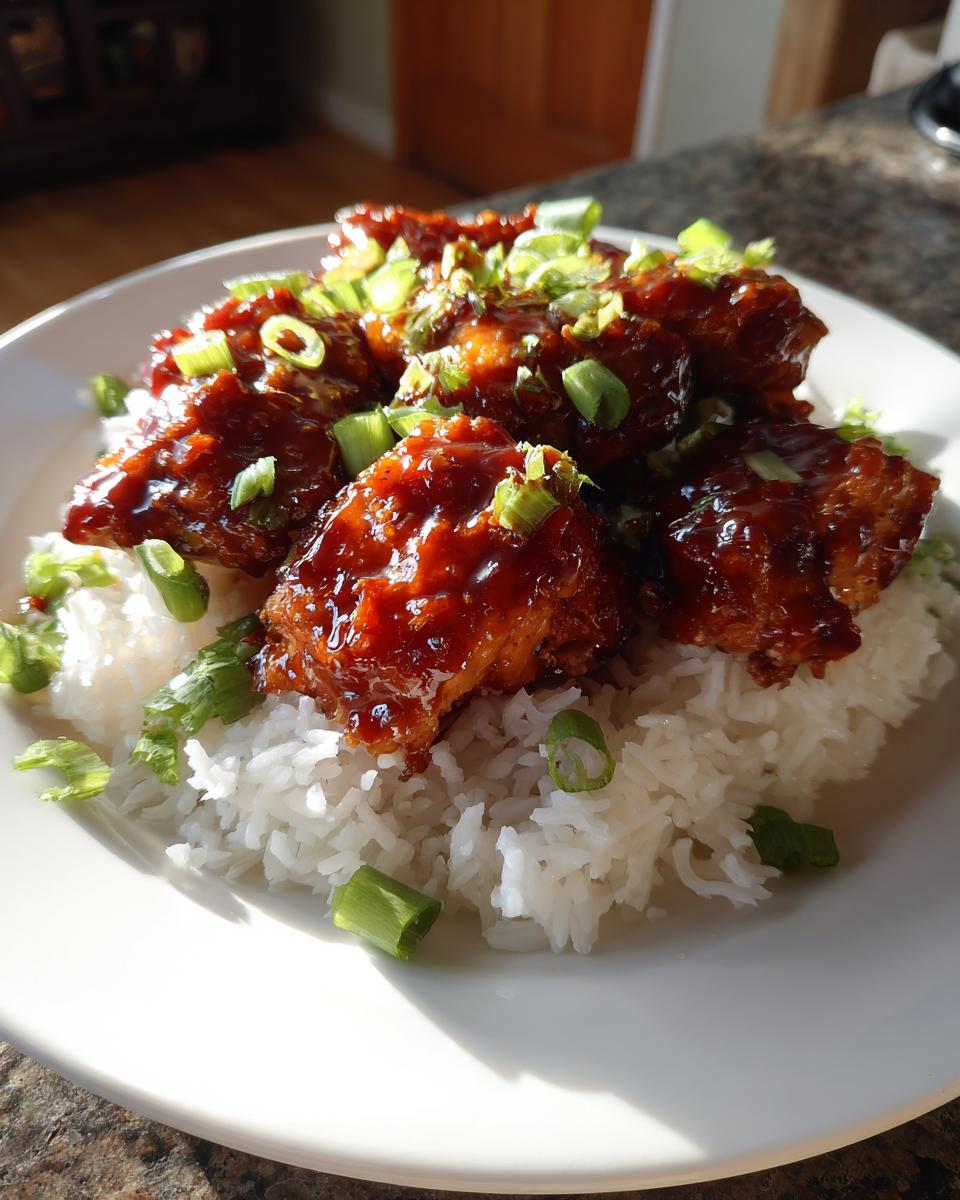 Close-up of glossy honey bbq chicken rice, featuring glazed chicken pieces over white rice, topped with sliced green onions.