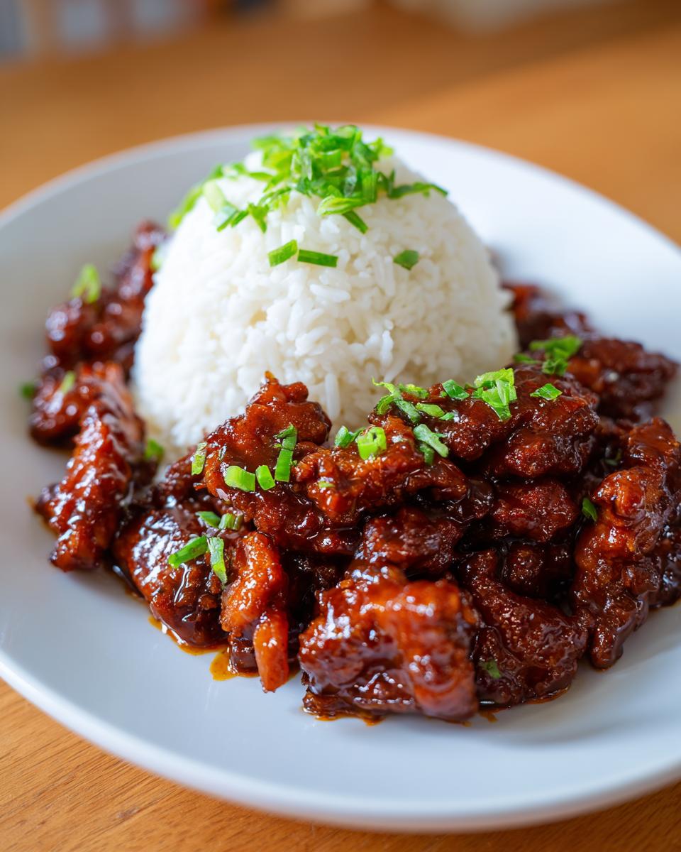 Close-up of glossy honey bbq chicken rice, featuring sticky, dark glazed chicken pieces next to a mound of white rice topped with green onions.