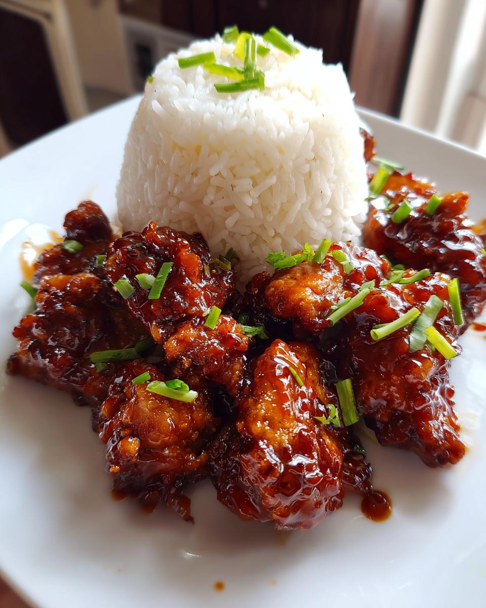 Close-up of sticky, glazed honey bbq chicken served next to a dome of white rice, garnished with chopped green onions.