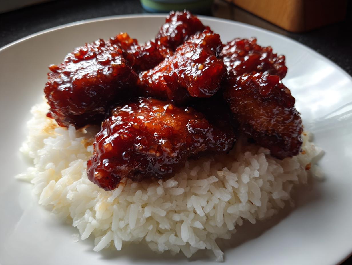 Close-up of sticky, glazed honey bbq chicken pieces served over a mound of fluffy white rice on a white plate.