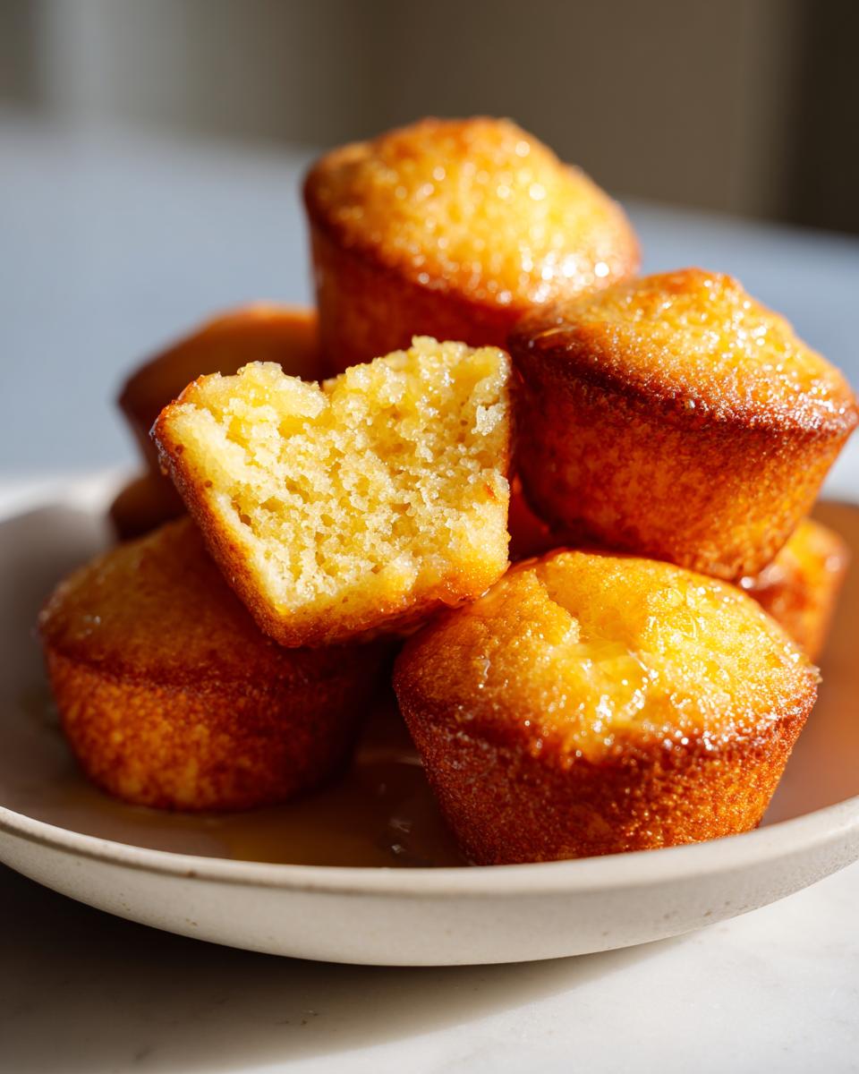 Close-up of golden honey butter cornbread poppers stacked on a plate, one is broken open showing the moist interior.