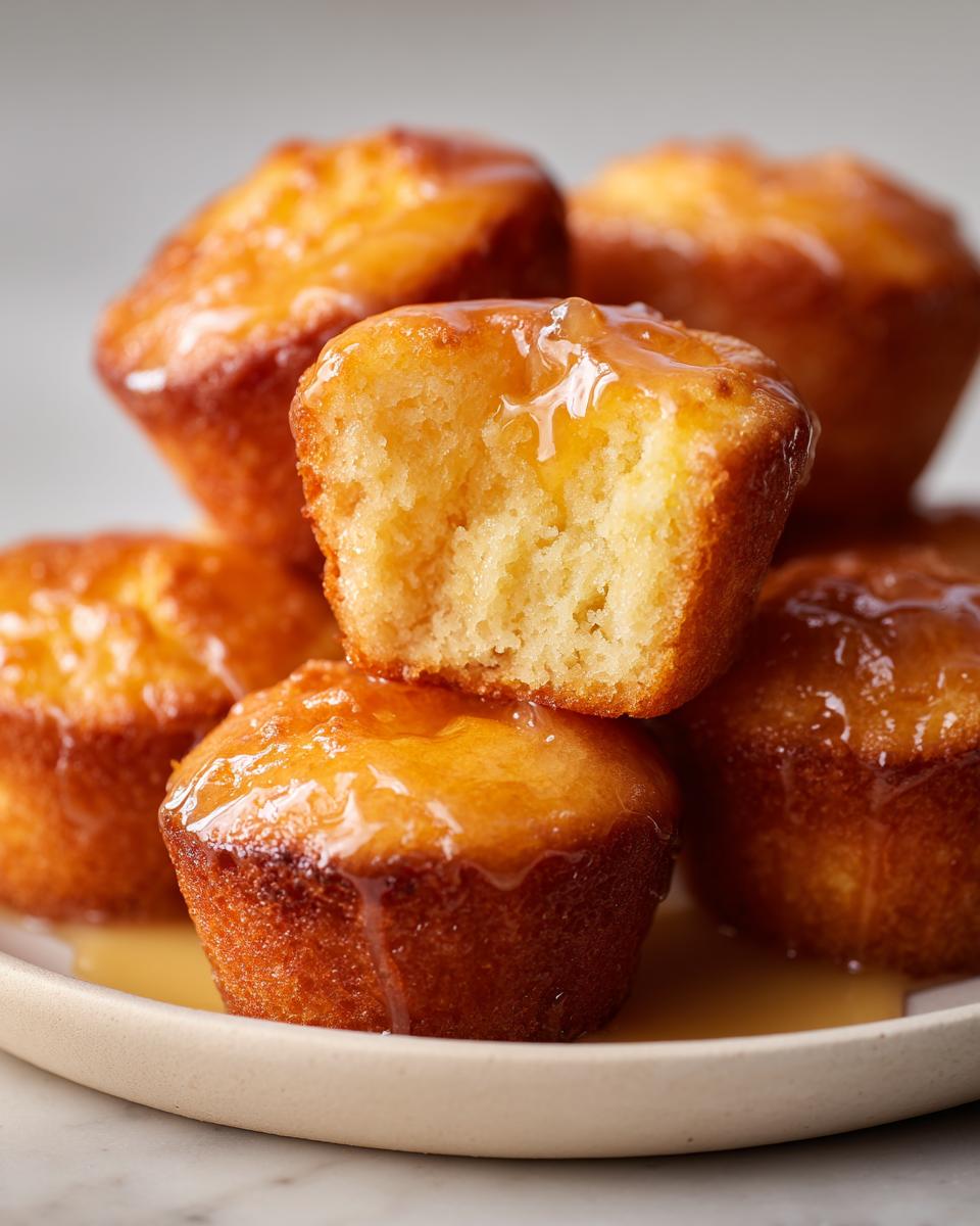 A stack of golden brown honey butter cornbread poppers drizzled with a shiny honey butter glaze, one is broken open.